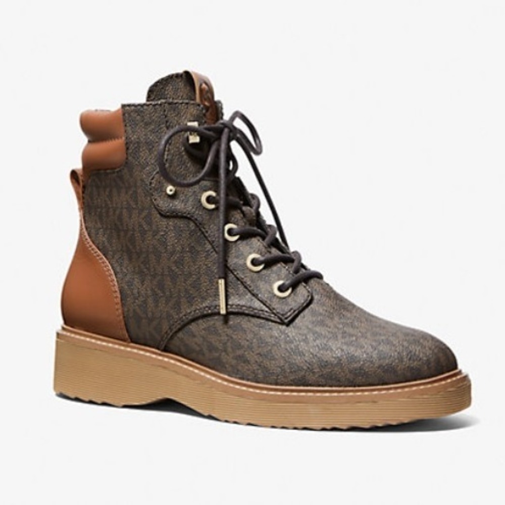 Michael Kors Women's 8 Brown‎ Trudy Leather and Logo Lace Up Boots Casual Winter
